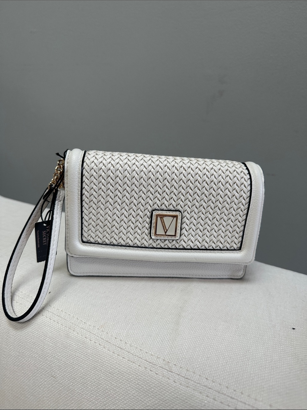 Victoria's Secret White Woven wristlet with Gold Logo Accent